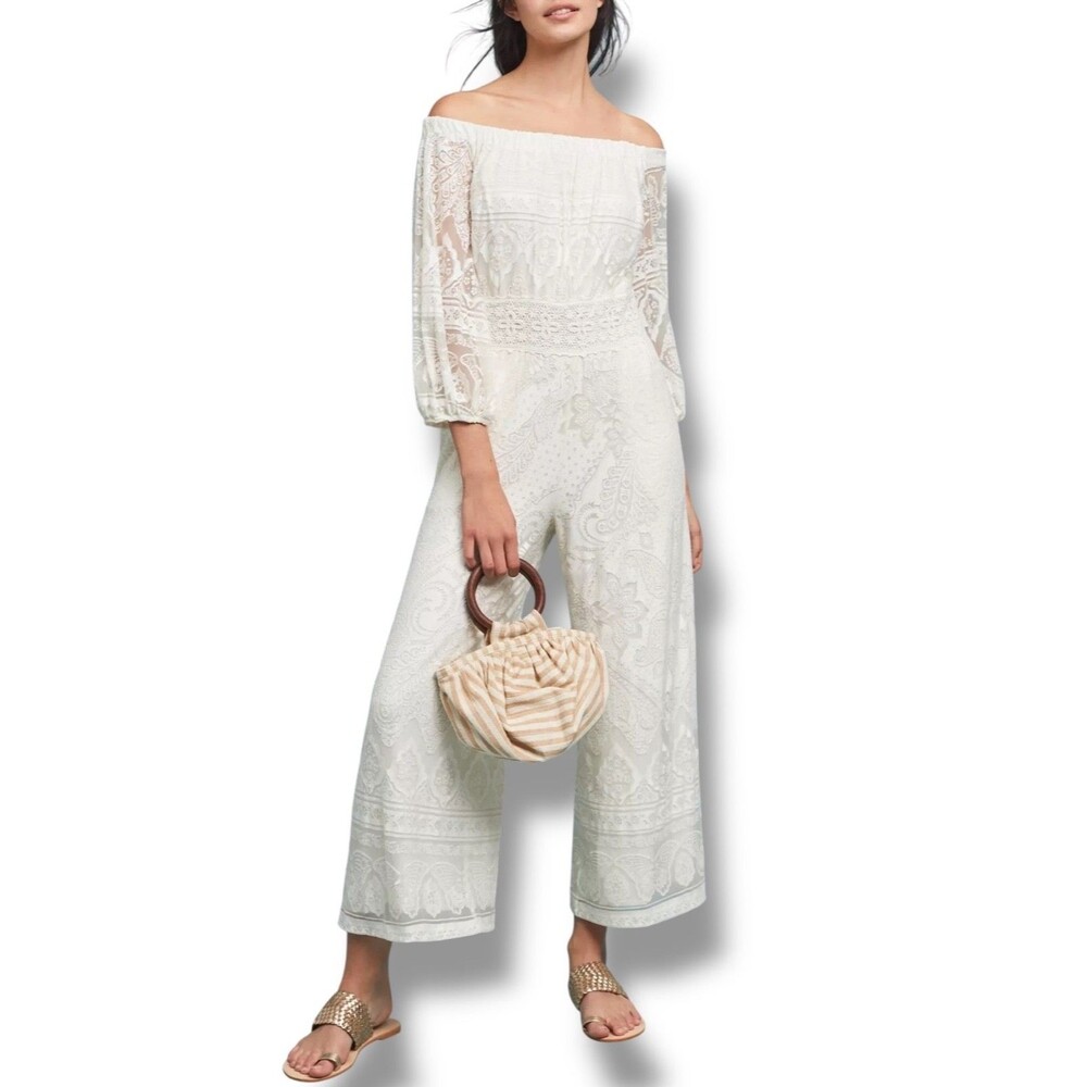 Farm Rio Anthropologie Elliot off-the-shoulder wide-leg jumpsuit size Small